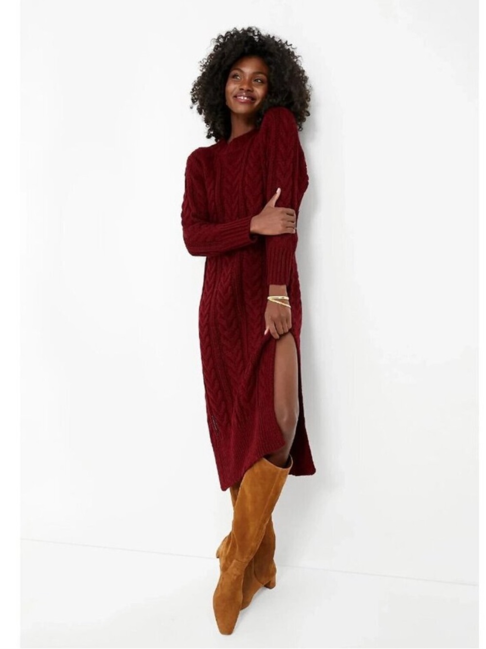 Tuckernuck Hyacinth House Sweater Dress Maddox Midi Cable Knit in Maroon Red
